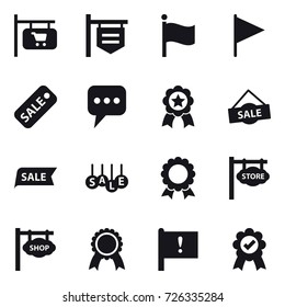 16 vector icon set : shop signboard, flag, sale, message, medal, store signboard