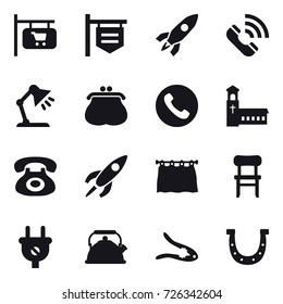 16 vector icon set : shop signboard, rocket, call, table lamp, purse, phone, church, curtain, chair, kettle, walnut crack, horseshoe