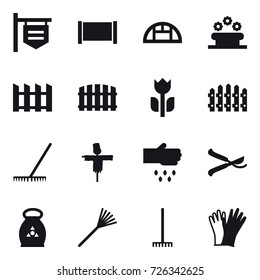 16 vector icon set : shop signboard, fence, greenhouse, flower bed, rake, scarecrow, sow, pruner, fertilizer, gloves