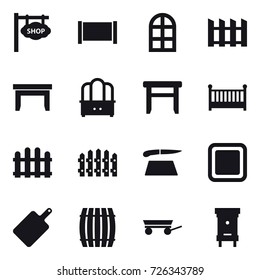 16 vector icon set : shop signboard, fence, arch window, table, dresser, stool, crib, cutting board, barrel, trailer, hive