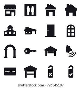 16 vector icon set : shop, wc, home, mansion, house with garage, door, arch window, arch, key, garage, bell, welcome mat, do not distrub, please clean