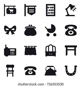 16 vector icon set : shop signboard, abacus, table lamp, bow, purse, baby stroller, curtain, dresser, stool, chair, phone, kettle, horseshoe
