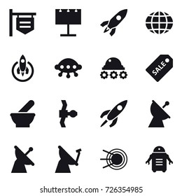 16 vector icon set : shop signboard, billboard, rocket, globe, ufo, lunar rover, sale label, satellite antenna