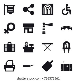 16 vector icon set : shop signboard, share, fingerprint, shop, lighthouse, bridge, suitcase, reception, iron board, pan, cutting board, clean  window