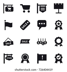 16 vector icon set : shop signboard, cart, billboard, flag, sale, message, medal, store signboard