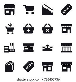 16 vector icon set : shop, cart, crisis, sale, add to cart, add to basket, delete cart, store, market scales, scales, market, shopping bag, sale label