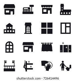 16 vector icon set : shop, cashbox, mansion, cottage, building, window, arch window, curtain, clean  window, skyscrapers cleaning, skyscrapers cleaning, wiping, toilet cleaning