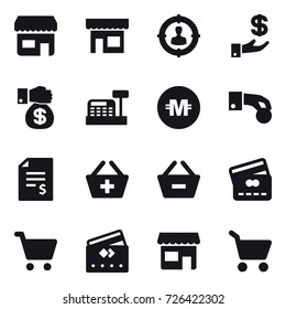 16 vector icon set : shop, target audience, investment, money gift, cashbox, crypto currency, hand coin, account balance, add to basket, remove from basket, credit card, cart