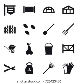 16 vector icon set : shop signboard, fence, greenhouse, seeds, shovel, fork, wheelbarrow, pear, bucket, farm fence, pruner, fertilizer, rake, gloves