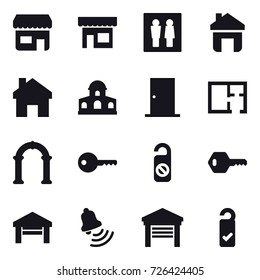 16 vector icon set : shop, wc, home, mansion, door, plan, arch, key, do not distrub, garage, bell, please clean