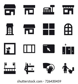 16 vector icon set : shop, cashbox, building, window, arch window, flower in window, clean  window, skyscapers cleaning, skyscrapers cleaning, wiping, toilet cleaning