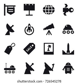 16 vector icon set : shop signboard, billboard, globe, satellite, satellite antenna, rocket, telescope, lunar rover, label, sale label, photo
