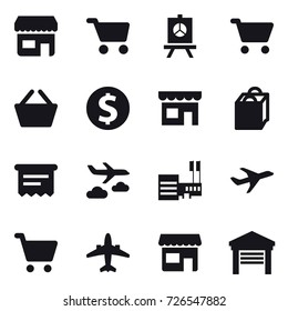 16 vector icon set : shop, cart, presentation, basket, dollar coin, shopping bag, atm receipt, journey, mall, airplane, garage