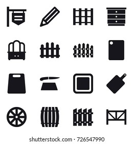 16 vector icon set : shop signboard, pencil, chest of drawers, dresser, fence, cutting board, wheel, barrel, farm fence