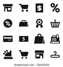 16 vector icon set : shop, cart, receipt, percent, shopping bag, medal, basket, credit card, cashbox, hanger