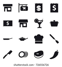 16 vector icon set : shop, shop signboard, receipt, cocktail, pan, cook hat, spatula, chef knife, hot pepper