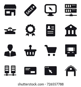 16 vector icon set : shop, sale, monitor arrow, server, scales, medal, library, atm, barn