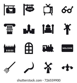 16 vector icon set : shop signboard, tv, column, castle, minaret, windmill, gothic architecture, arch window, train, welcome mat, fork, sickle, hard reach place cleaning
