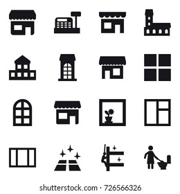 16 vector icon set : shop, cashbox, mansion, cottage, building, window, arch window, flower in window, clean floor, skyscrapers cleaning, toilet cleaning