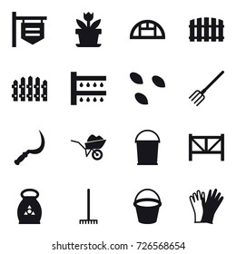 16 vector icon set : shop signboard, flower, greenhouse, fence, watering, seeds, fork, sickle, wheelbarrow, bucket, farm fence, fertilizer, rake, gloves