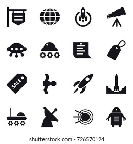 16 vector icon set : shop signboard, globe, rocket, telescope, ufo, lunar rover, shopping list, label, sale label