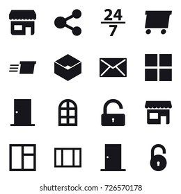 16 vector icon set : shop, share, 24/7, delivery, box, mail, window, door, arch window, unlock