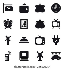 16 vector icon set : shop signboard, wallet, purse, clock, alarm clock, abacus, tv, windmill, service bell, car wash