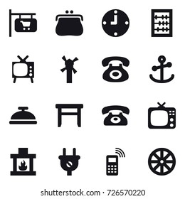 16 vector icon set : shop signboard, purse, clock, abacus, tv, windmill, service bell, stool, phone, fireplace, wheel