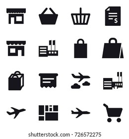 16 vector icon set : shop, basket, account balance, store, shopping bag, atm receipt, journey, mall, plane, cart