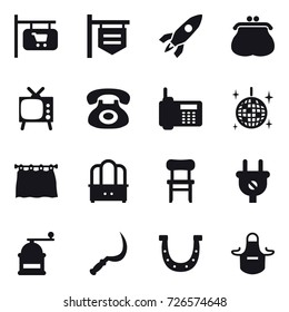 16 vector icon set : shop signboard, rocket, purse, tv, disco ball, curtain, dresser, chair, hand mill, sickle, horseshoe, apron
