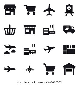 16 vector icon set : shop, cart, plane, presentation, basket, store, delivery, journey, mall, garage