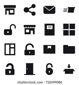 16 vector icon set : shop, share, mail, delivery, unlock, copybook, window, unlocked, door, package