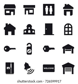 16 vector icon set : shop, wc, home, mansion, door, arch window, key, do not distrub, garage, fridge, bell, welcome mat