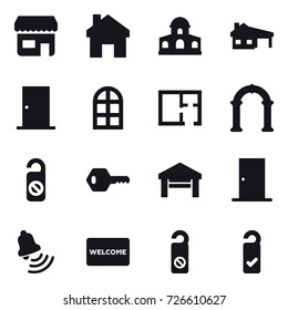 16 vector icon set : shop, home, mansion, house with garage, door, arch window, plan, arch, do not distrub, key, garage, bell, welcome mat, please clean