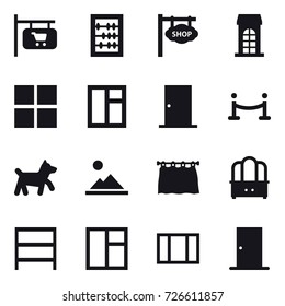 16 vector icon set : shop signboard, abacus, building, window, door, vip fence, dog, landscape, curtain, dresser, rack