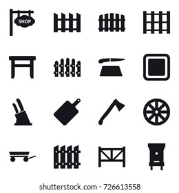 16 vector icon set : shop signboard, fence, stool, cutting board, knife holder, axe, wheel, trailer, farm fence, hive