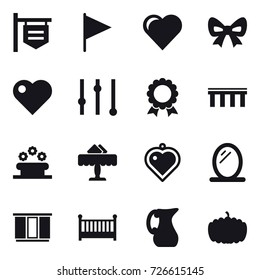 16 vector icon set : shop signboard, flag, heart, bow, equalizer, medal, bridge, flower bed, restaurant, heart pendant, mirror, wardrobe, crib, jug, pumpkin
