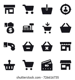 16 vector icon set : shop, cart, basket, target audience, money gift, cashbox, add to cart, hand coin, remove from basket, delete cart, credit card