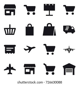 16 vector icon set : shop, cart, billboard, basket, shopping bag, delivery, atm receipt, plane, airplane, garage