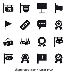 16 vector icon set : shop signboard, billboard, flag, sale, message, medal, store signboard