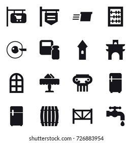 16 vector icon set : shop signboard, delivery, abacus, cell corection, scales weight, tower, arch, arch window, restaurant, antique column, fridge, barrel, farm fence, water tap