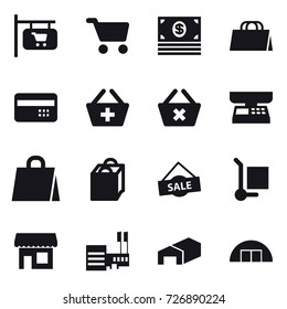 16 vector icon set : shop signboard, cart, money, shopping bag, credit card, add to basket, delete cart, market scales, sale, cargo stoller, shop, mall, warehouse, hangare