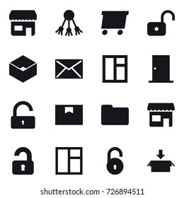 16 vector icon set : shop, share, delivery, unlock, box, mail, window, door, unlocked, package