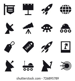 16 vector icon set : shop signboard, billboard, rocket, globe, satellite antenna, telescope, ufo, lunar rover, label, sale label, photo