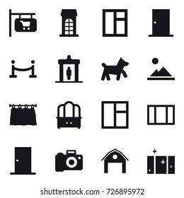 16 vector icon set : shop signboard, building, window, door, vip fence, detector, dog, landscape, curtain, dresser, barn, clean  window