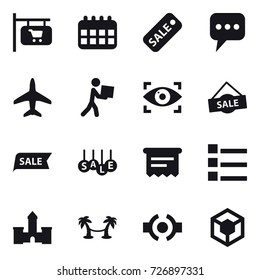 16 vector icon set : shop signboard, calendar, sale, message, plane, courier, eye identity, atm receipt, list, castle, palm hammock