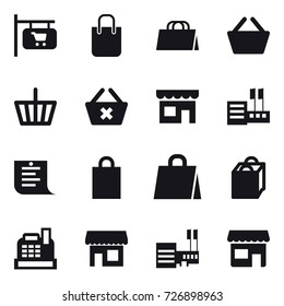 16 vector icon set : shop signboard, shopping bag, basket, delete cart, shop, store, shopping list, cashbox, mall