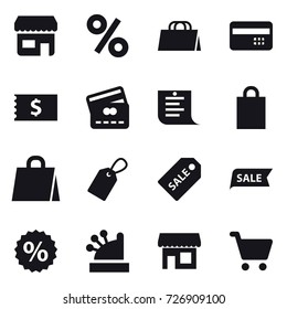 16 vector icon set : shop, percent, shopping bag, credit card, receipt, shopping list, label, sale label, sale, cashbox