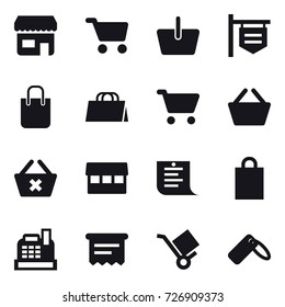 16 vector icon set : shop, cart, basket, shop signboard, shopping bag, delete cart, market, shopping list, cashbox, atm receipt