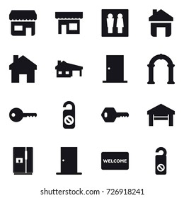 16 vector icon set : shop, wc, home, house with garage, door, arch, key, do not distrub, garage, fridge, welcome mat